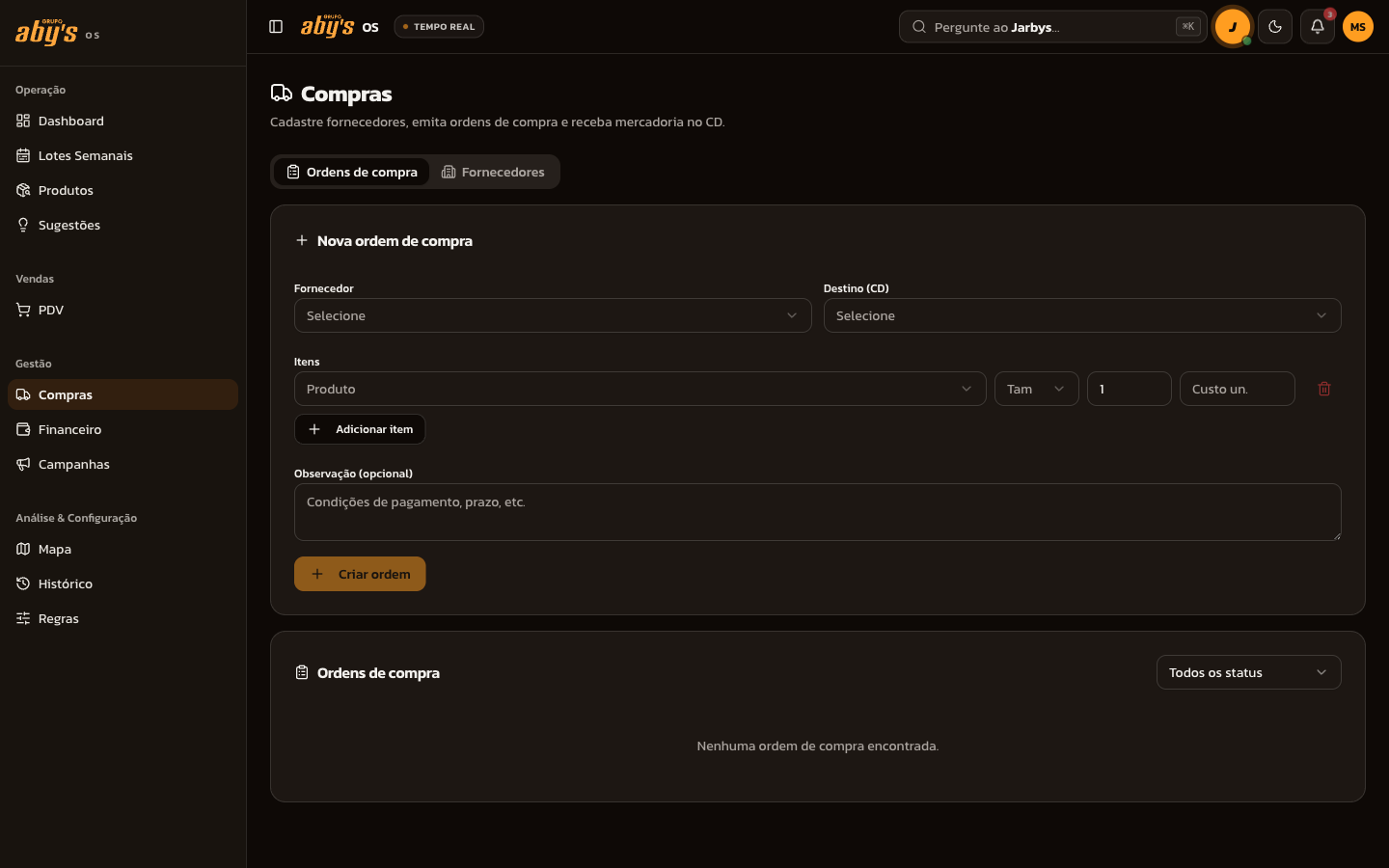 Compras — fornecedores e ordens de compra